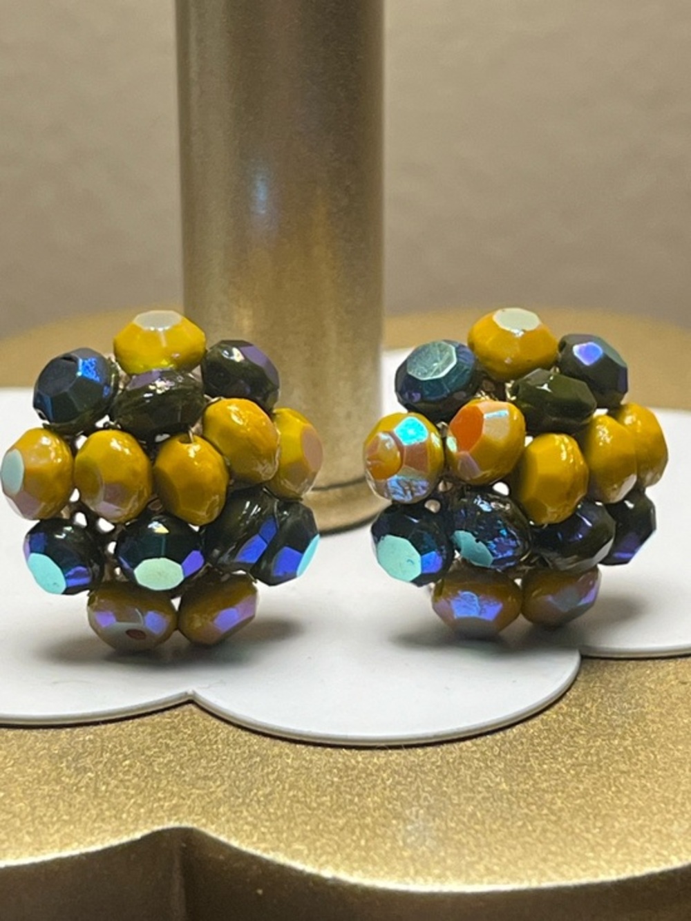 Vintage Vogue Yellow and Blue Iridescent Cluster Bead Earrings Devil Wears Prada